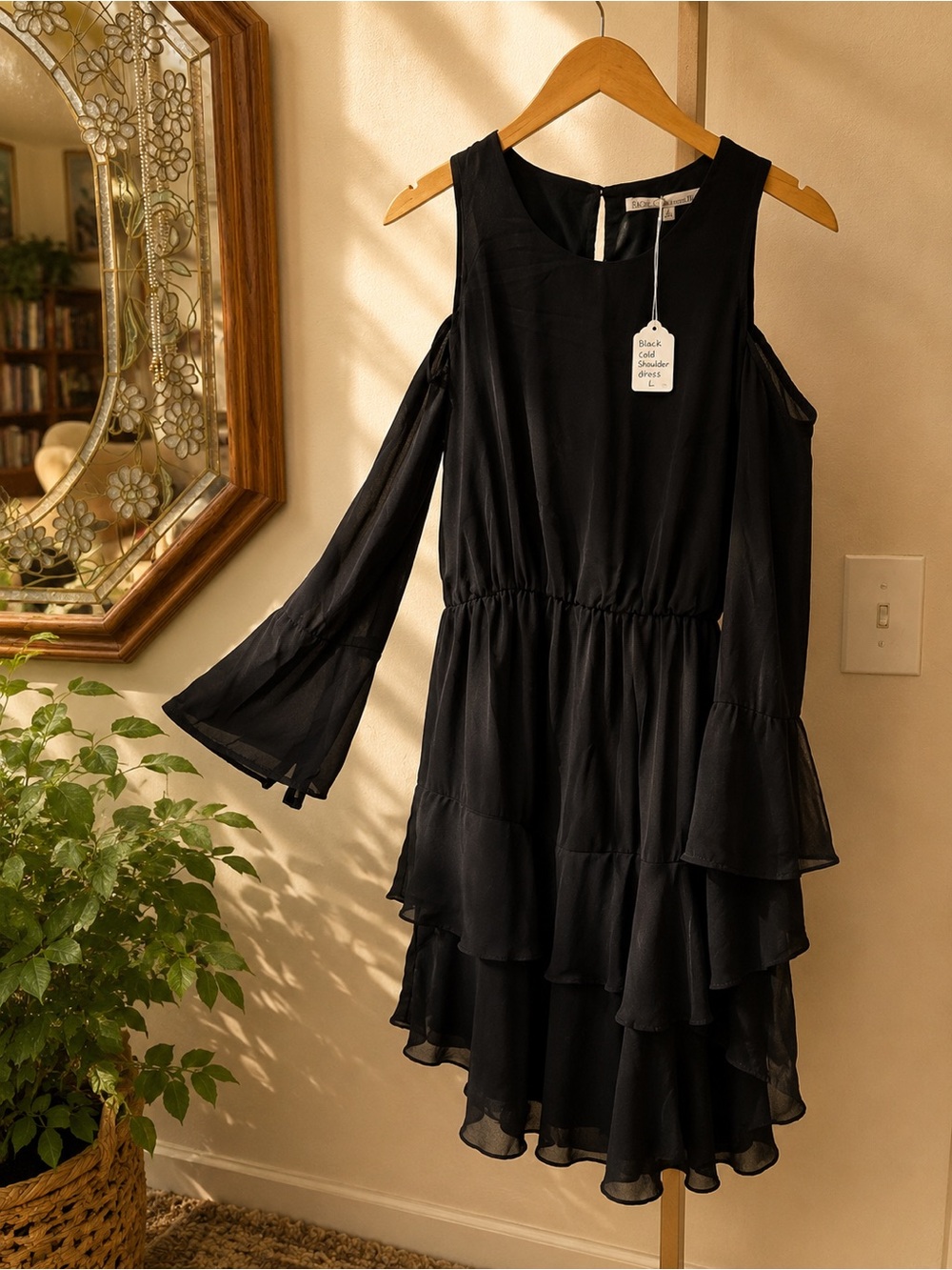 Black Cold Shoulder Tiered Chiffon Dress